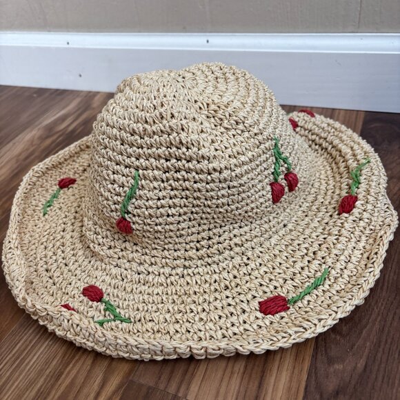Vince Camuto Cherry Embroidered Straw Sun Hat - Picture 3 of 11